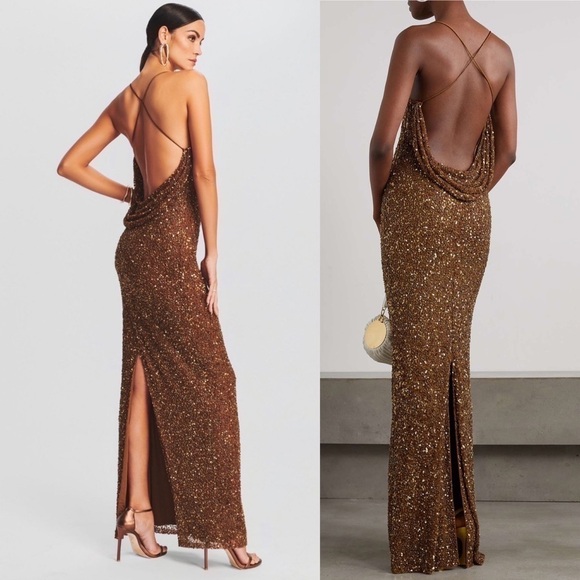 NWT Retrofete Alice Sequins Dress in Amber Brown - Picture 2 of 11